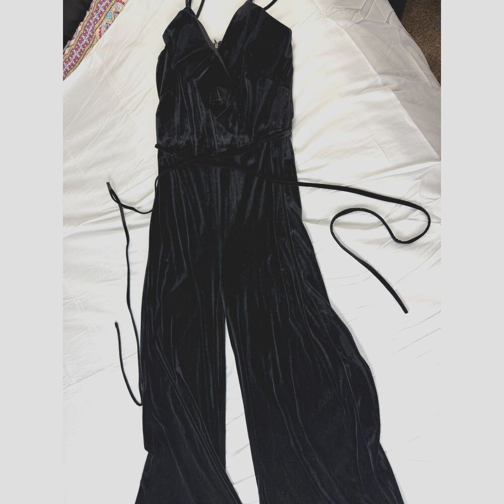 Women's Black Velvet Wide-Leg Jumpsuit with Ruffle- Perfect for holiday parties